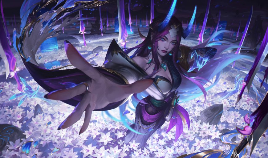 英雄联盟瑟拉芬紫发蓝角少女伸手召唤魔法紫蓝奇幻动漫电脑壁纸