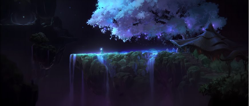 幽蓝发光巨树悬空瀑布小屋奇幻场景紫蓝唯美电脑壁纸