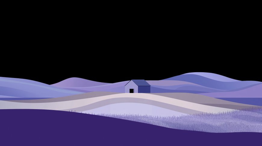 紫色丘陵小屋夜景蓝紫渐变插画电脑壁纸
