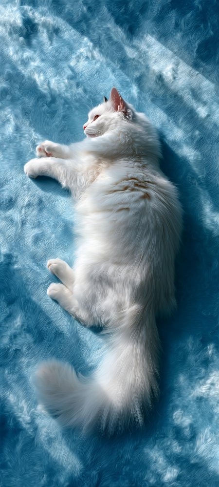 白色长毛猫仰卧伸展蓝白梦幻萌宠手机壁纸