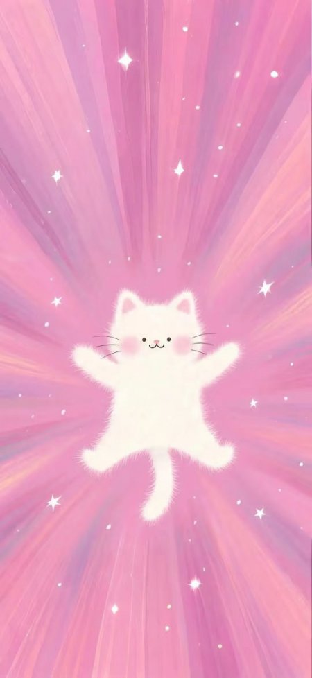 白色小猫张开双臂漂浮星光粉紫梦幻萌宠手机壁纸