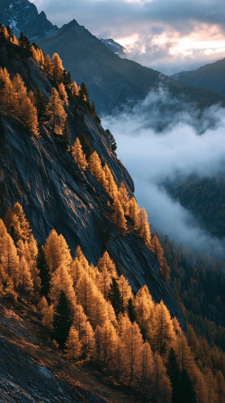 阿尔卑斯山秋日晨光金黄松林云海缭绕蓝灰自然风景手机壁纸