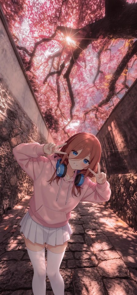 动漫少女粉衣蓝耳机樱花巷道暖粉唯美动漫手机壁纸