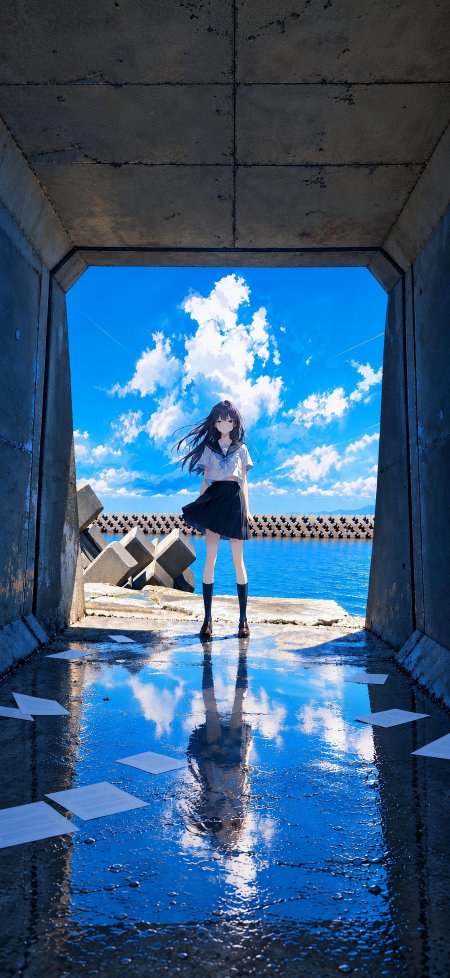 动漫少女水手服站立混凝土隧道蓝白天空倒影清新唯美动漫手机壁纸
