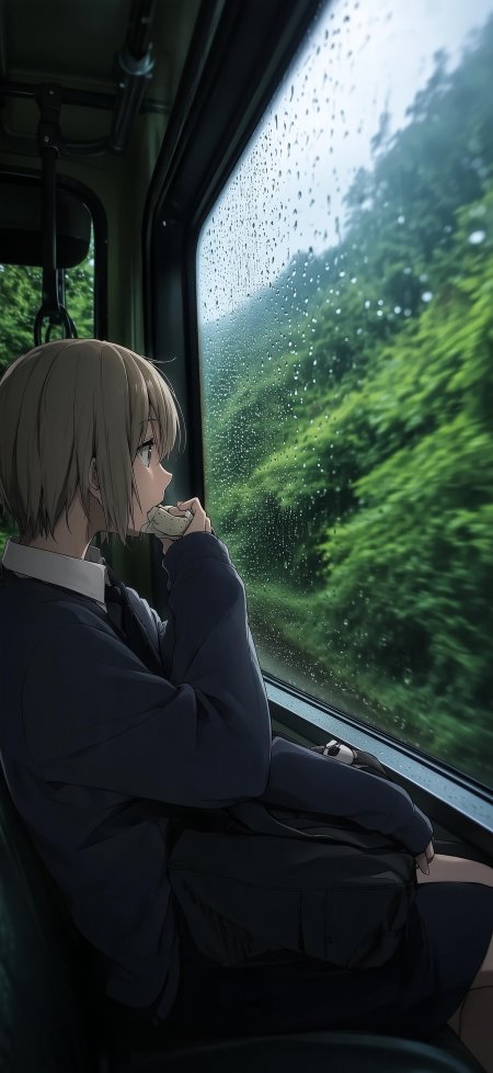 动漫少女雨中列车窗边侧影青绿插画手机壁纸