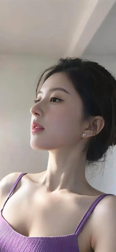 短发清秀紫衣美女侧颜柔光暖调人物摄影手机壁纸