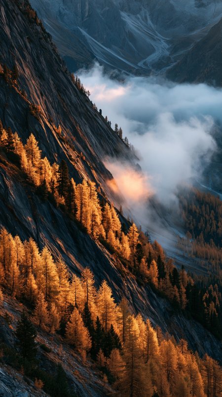 高山峡谷云海晨光金黄秋林风景手机壁纸