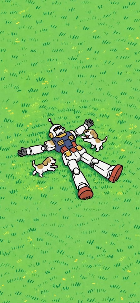 高达RX782机器人躺草坪与两只小狗互动绿意盎然动漫手机壁纸