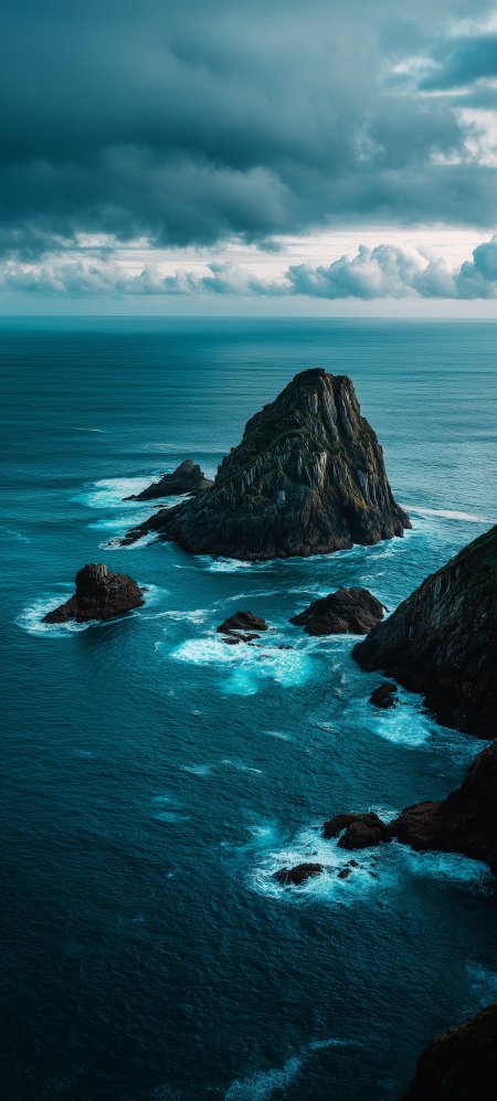 海蚀岩峰耸立碧海惊涛蓝黑自然风景手机壁纸