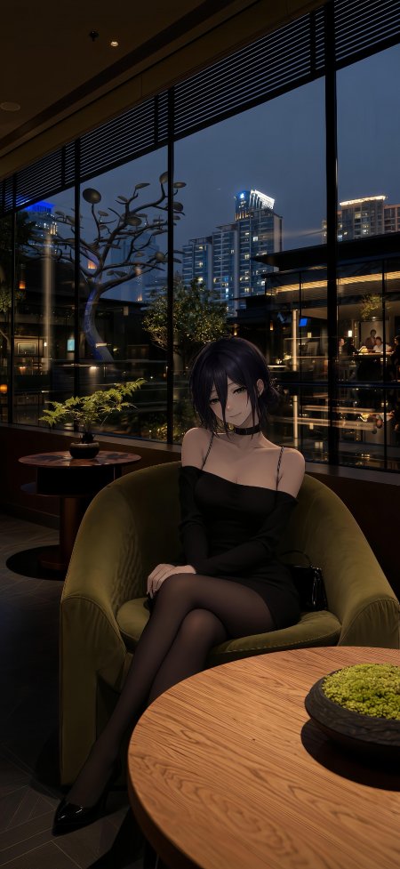 黑发少女夜景咖啡厅坐姿优雅暗调动漫手机壁纸