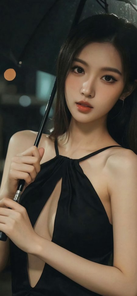 黑裙美女持伞夜景暖橘人物摄影手机壁纸