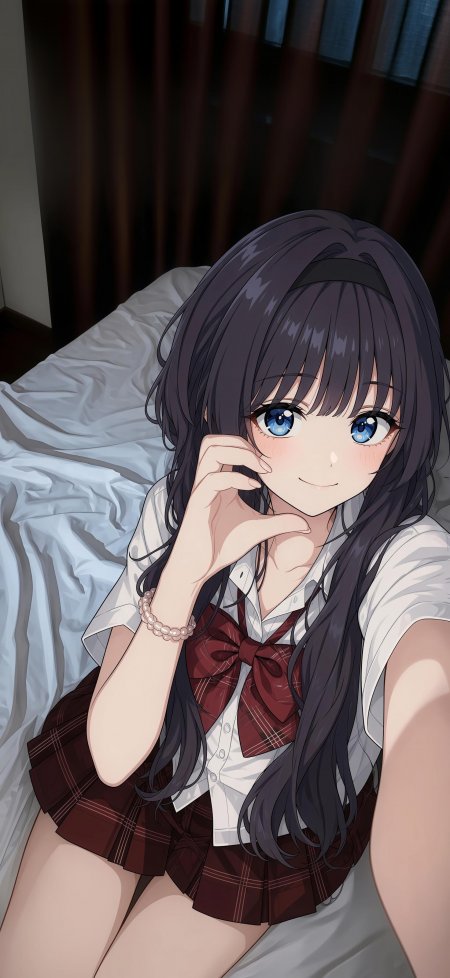 黑长直蓝眼少女白衬衫红格裙微笑托腮暖调动漫手机壁纸