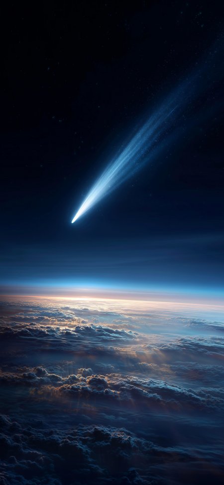 彗星划破夜空拖曳蓝光轨迹地球云层之上暗蓝璀璨太空科幻手机壁纸