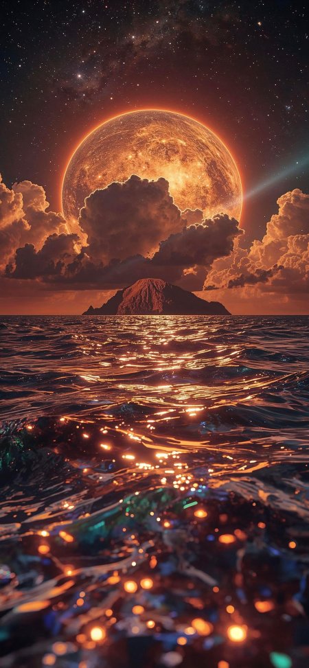 巨大火红星球悬于星海云层之上孤岛海面波光粼粼橙金暗紫太空科幻手机壁纸