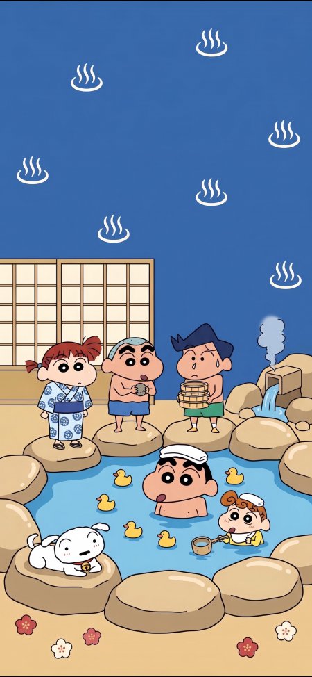 蜡笔小新一家温泉泡汤场景蓝白暖趣动漫手机壁纸