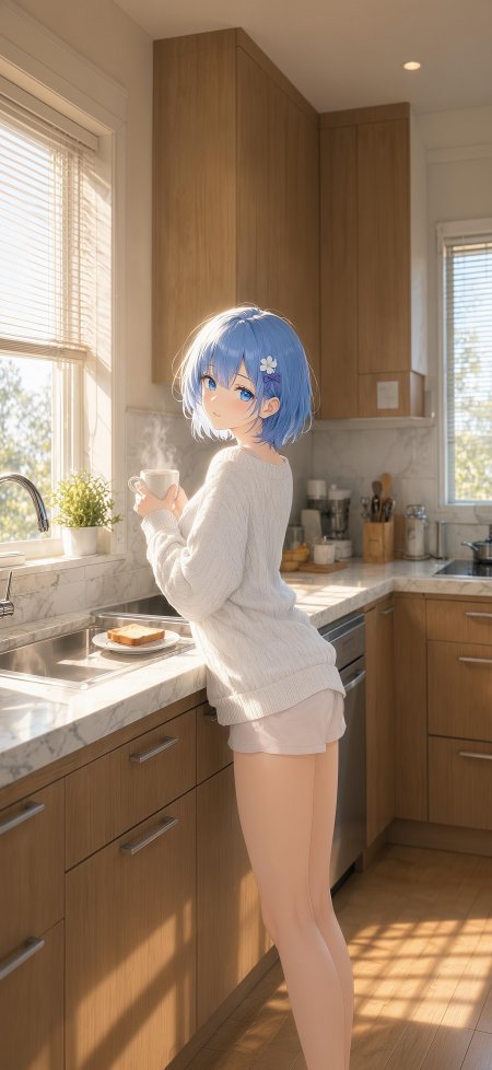 蓝发少女厨房捧杯回眸暖光动漫手机壁纸