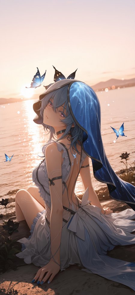 蓝发少女海边坐姿蝴蝶环绕星纱斗篷暖金唯美动漫手机壁纸