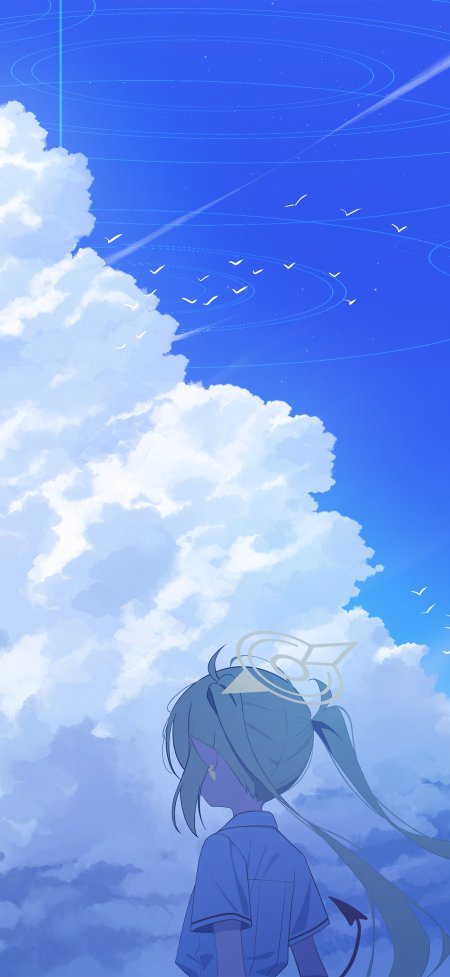 蓝发双马尾少女仰望飞鸟云海蓝白动漫手机壁纸
