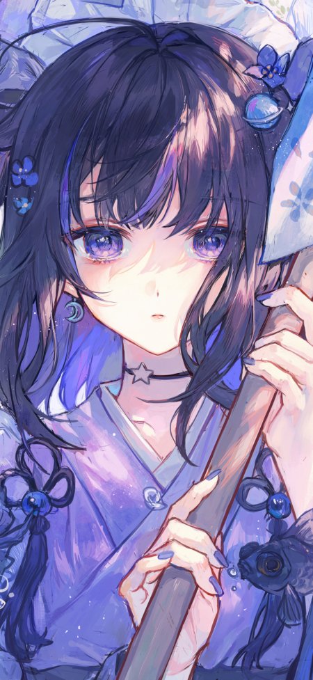 蓝紫长发少女手持伞饰星月颈链梦幻粉紫动漫手机壁纸