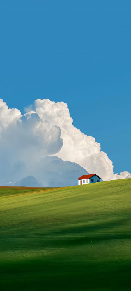 绿色丘陵小屋红顶白墙蓝天白云自然风景手机壁纸