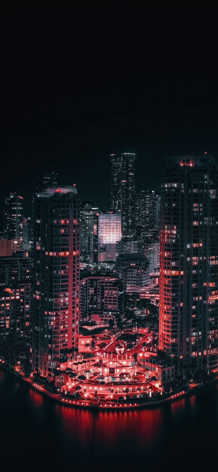 迈阿密夜景高楼林立红光映水暗黑城市建筑手机壁纸