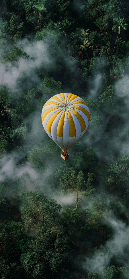 热气球黄白条纹穿云俯瞰热带雨林翠绿自然风景手机壁纸
