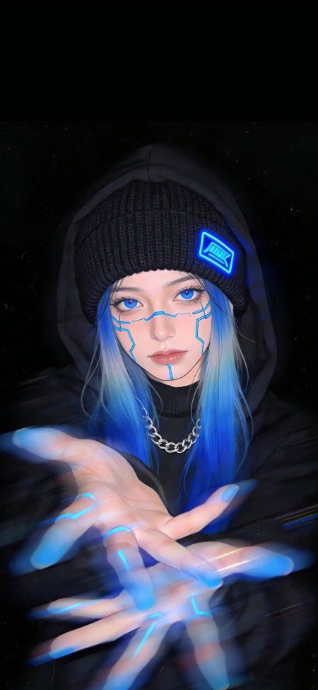 赛博朋克蓝发少女霓虹电路纹路黑衣兜帽蓝光特效暗黑动漫手机壁纸