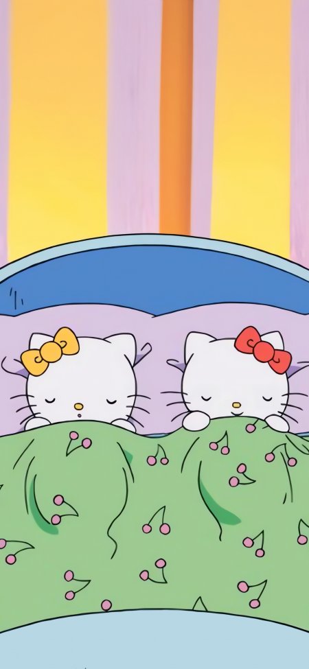 双猫同床睡眠粉黄绿条纹背景可爱动漫手机壁纸