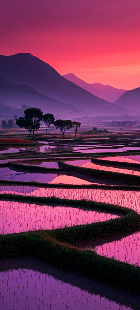 梯田层层倒影霞光紫红自然风景手机壁纸