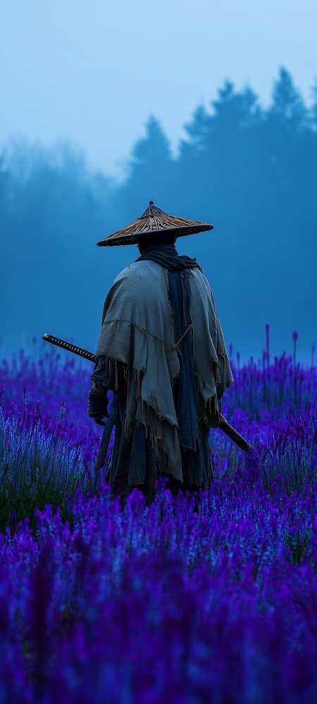 武士背影斗笠披风持刀伫立紫花田蓝雾森林背景古风唯美手机壁纸