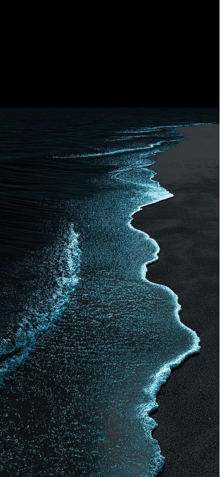夜光海浪轻抚黑沙滩蓝白幽光风景手机壁纸