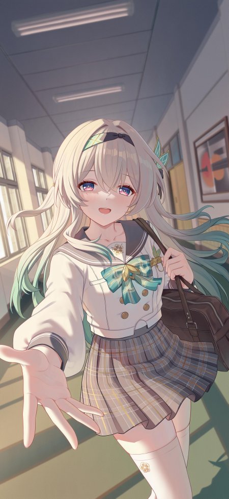 银发蓝瞳水手服少女伸手微笑柔和光影动漫手机壁纸