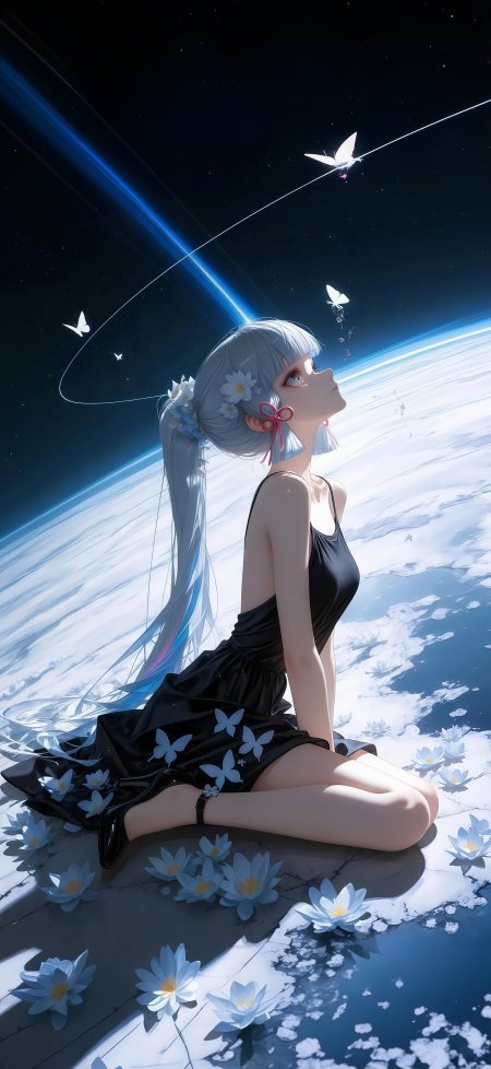 银发少女仰望星空白蝶环绕蓝白梦幻动漫手机壁纸