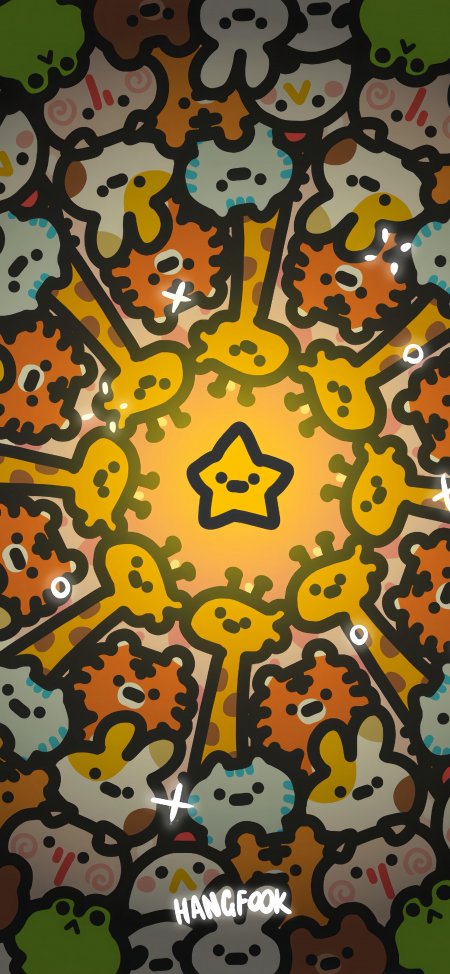 原创卡通萌宠角色满屏排列暖橙黄创意插画手机壁纸