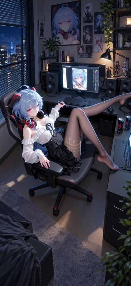 原神甘雨银发紫瞳少女坐电竞椅持笔绘画蓝黑室内动漫手机壁纸