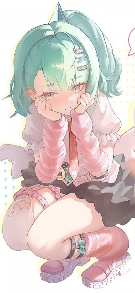 原神希格雯碧绿双马尾少女托腮眨眼粉白萌系动漫手机壁纸