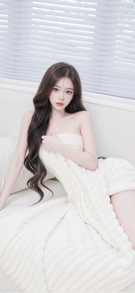 长发美女白毯裹身柔光暖白人物摄影手机壁纸