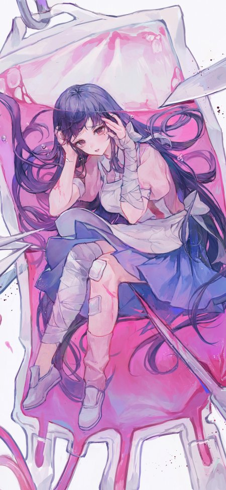 紫发少女坐于粉红液体座椅中眼神忧郁蓝粉渐变动漫手机壁纸