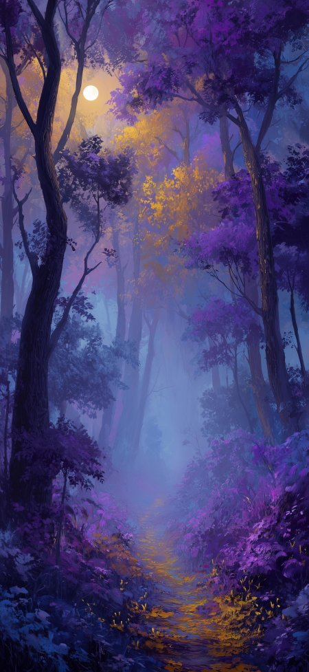 紫雾森林月光小径梦幻蓝紫奇幻插画手机壁纸
