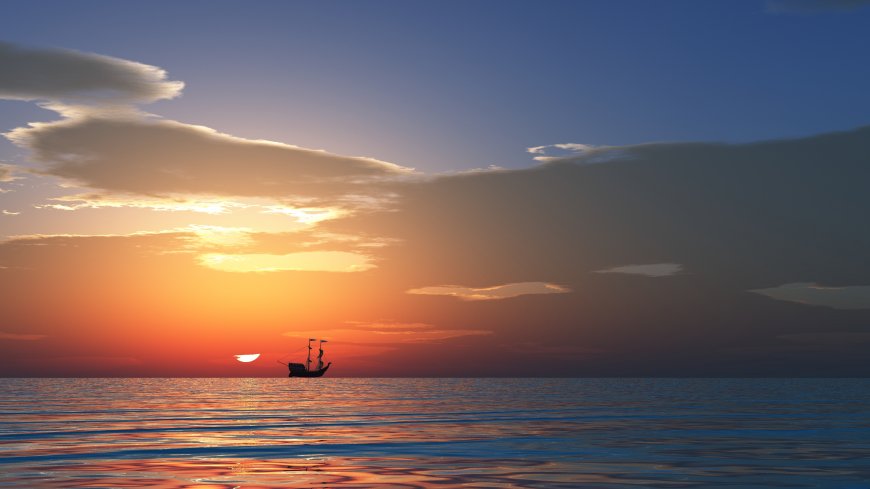 夕阳海面帆船剪影橙蓝渐变风景电脑壁纸