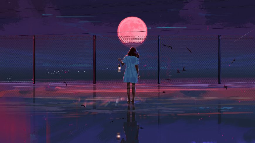紫夜红月少女持灯伫立水洼铁丝网前暗紫插画电脑壁纸