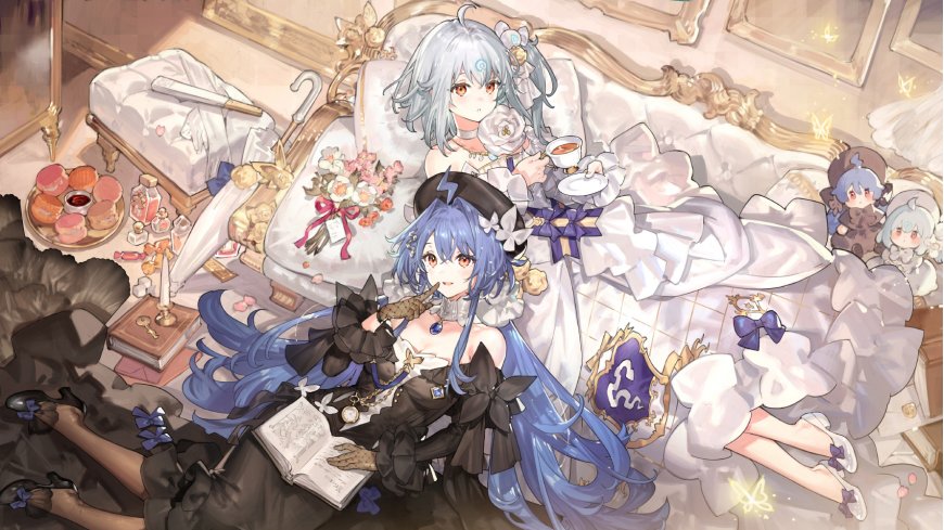 bilibili 22娘、33娘奢华下午茶场景蓝白粉紫动漫电脑壁纸
