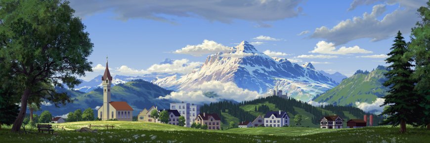 阿尔卑斯山脚小镇教堂绿野雪山蓝白风景电脑壁纸