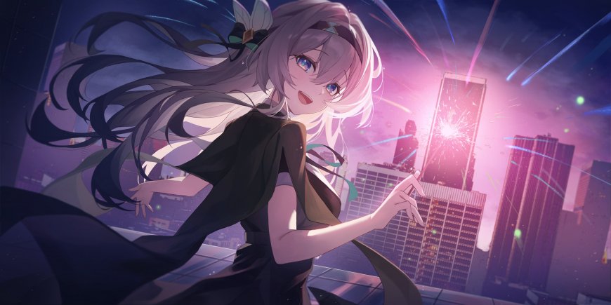 崩坏星穹铁道流萤银发蓝眸少女紫粉霓虹都市夜景动漫电脑壁纸