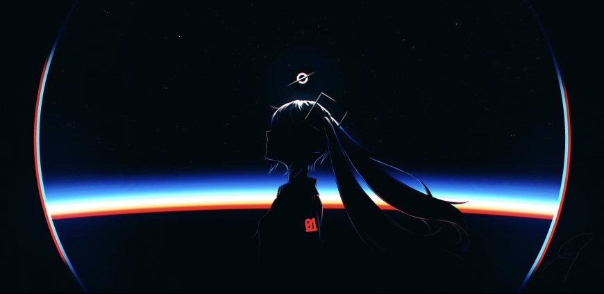 初音未来地球弧光剪影蓝橙太空科幻电脑壁纸