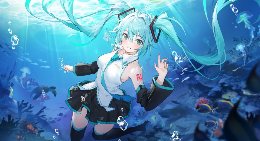 初音未来水下畅游蓝绿渐变动漫电脑壁纸