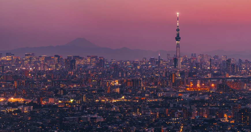 东京晴空塔富士山夜景紫粉城市建筑电脑壁纸
