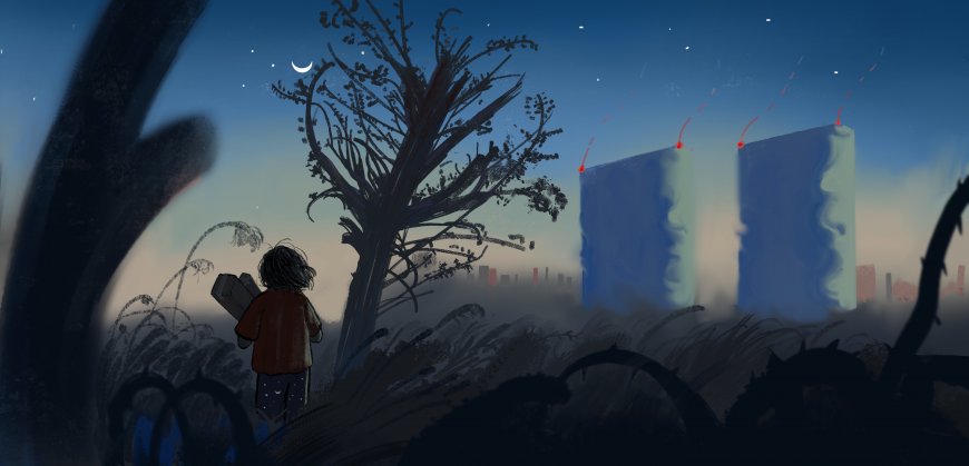 废土夜景小女孩背书包凝望双塔蓝紫幻想插画电脑壁纸