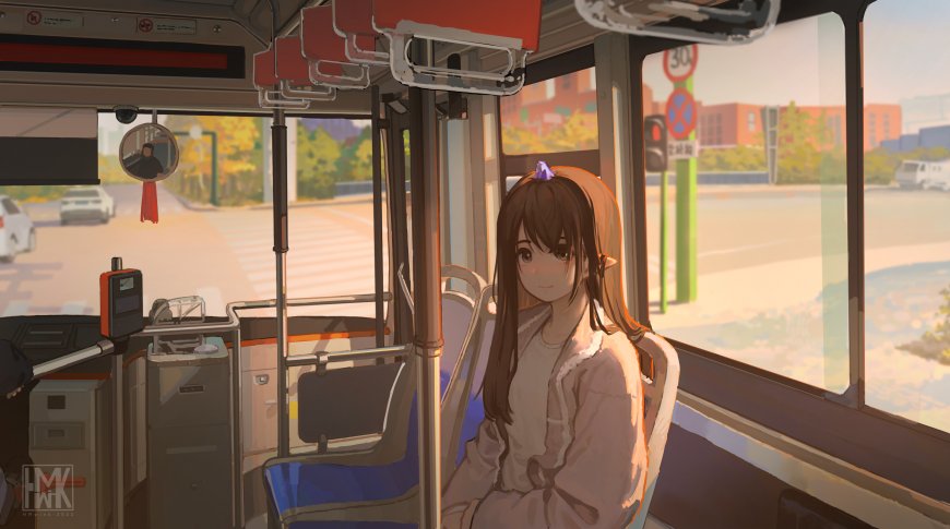 公交车内棕发少女微笑坐椅暖橙动漫电脑壁纸