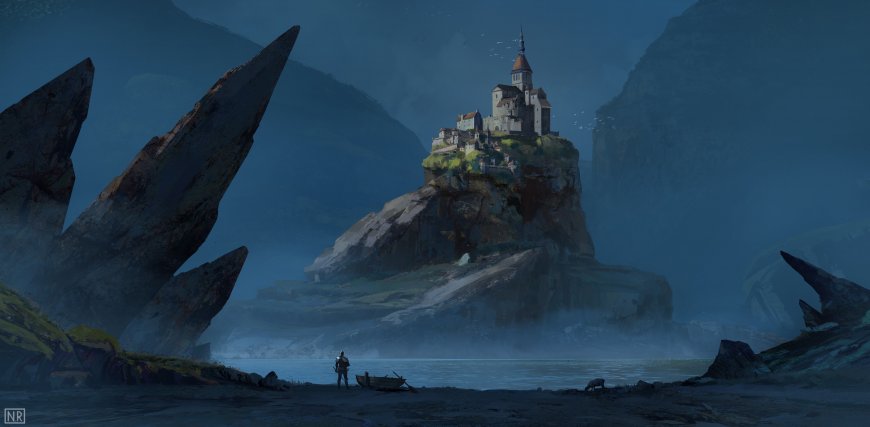 孤岛古堡矗立岩峰雾海幽蓝奇幻插画电脑壁纸